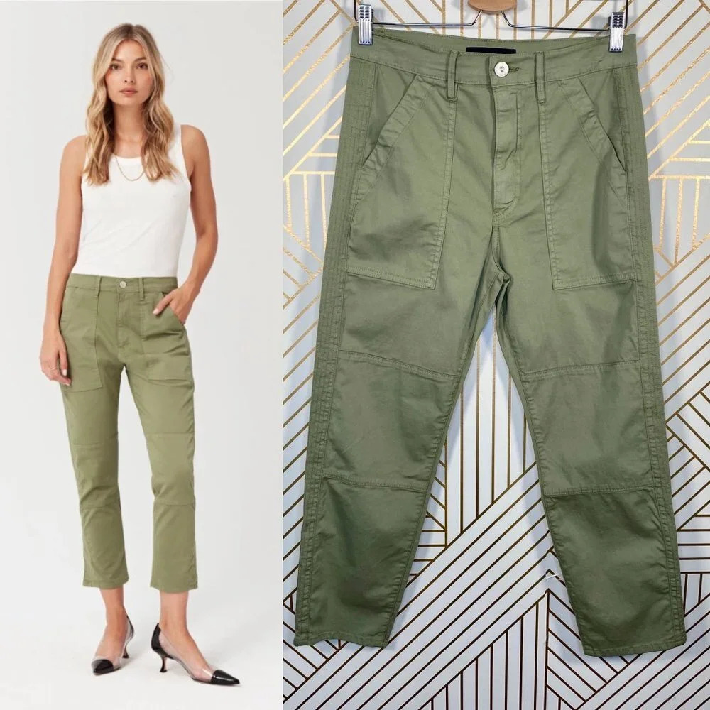 3x1 Simone Trouser Pants Cropped Side Slits Utility Chino Mid Rise Green 26